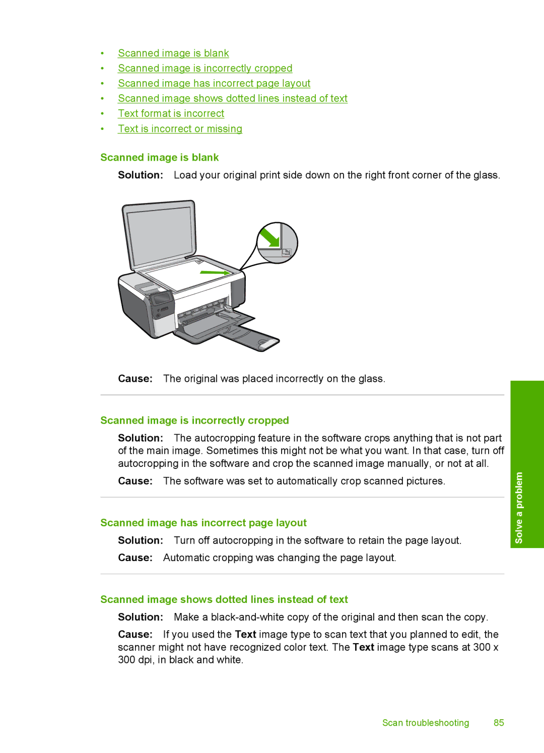 HP C4640, C4650 manual Scanned image is blank, Scanned image is incorrectly cropped, Scanned image has incorrect page layout 