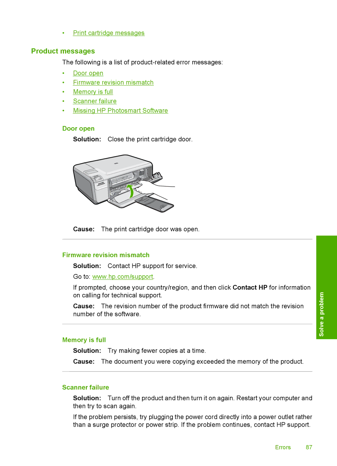 HP C4650, C4640, C4680 manual Product messages, Door open, Firmware revision mismatch, Memory is full, Scanner failure 