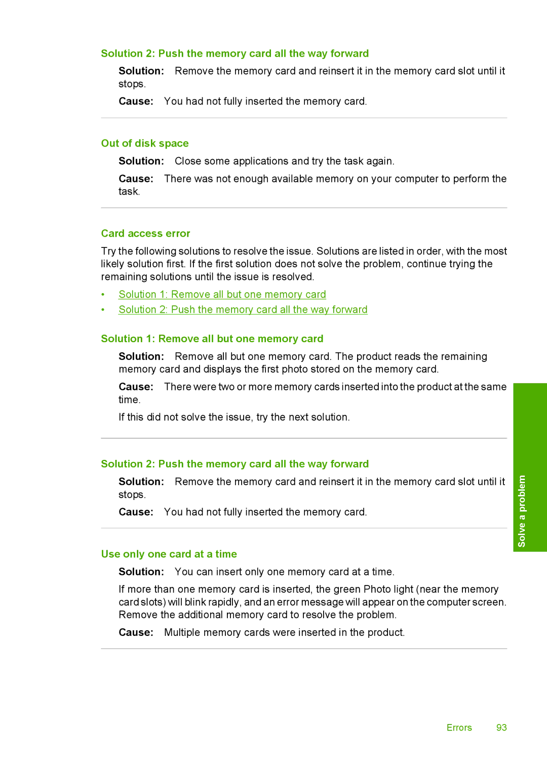 HP C4650, C4640, C4680 manual Solution 2 Push the memory card all the way forward, Out of disk space, Card access error 