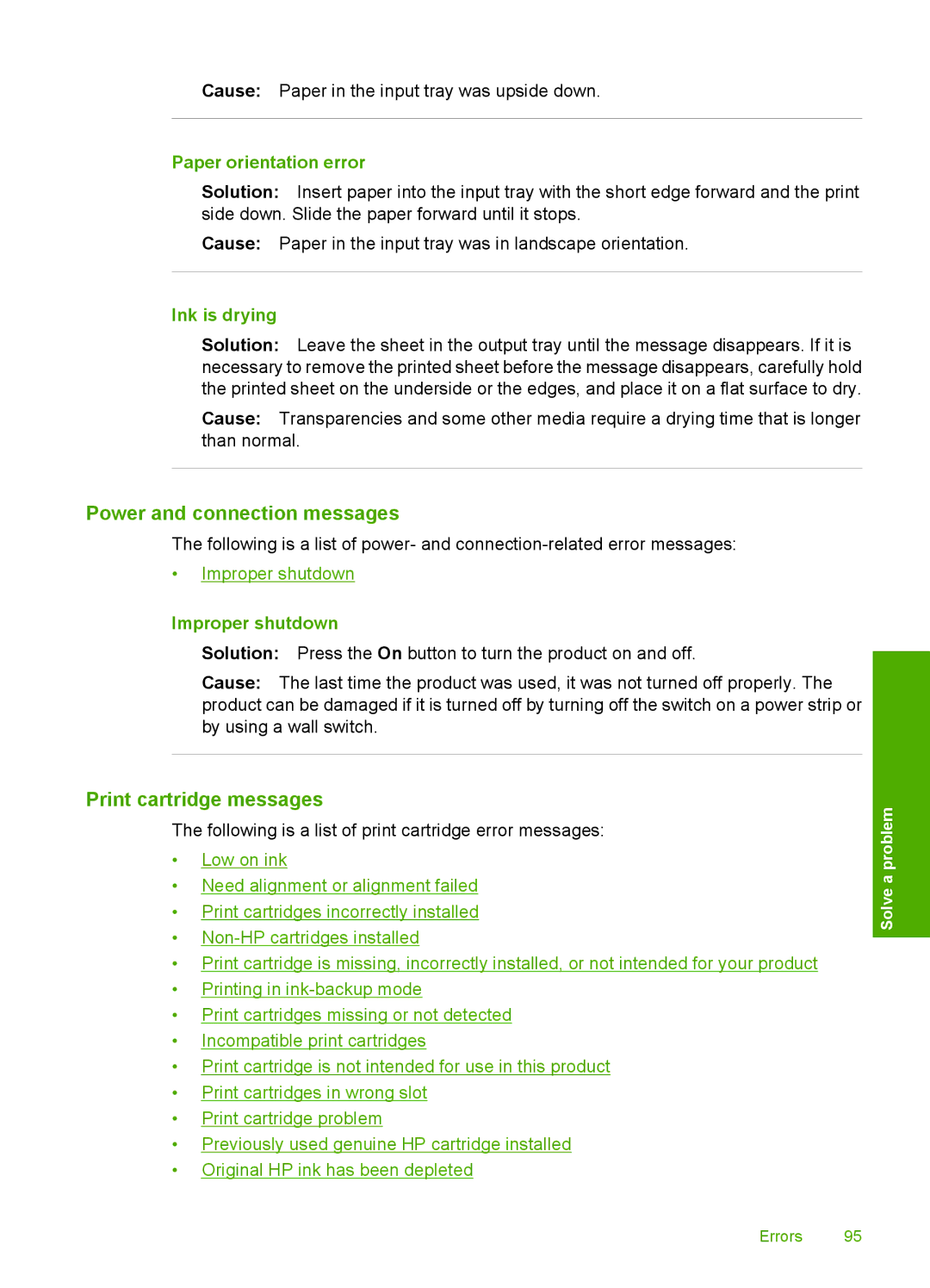 HP C4680, C4650, C4640 manual Power and connection messages, Print cartridge messages, Paper orientation error, Ink is drying 