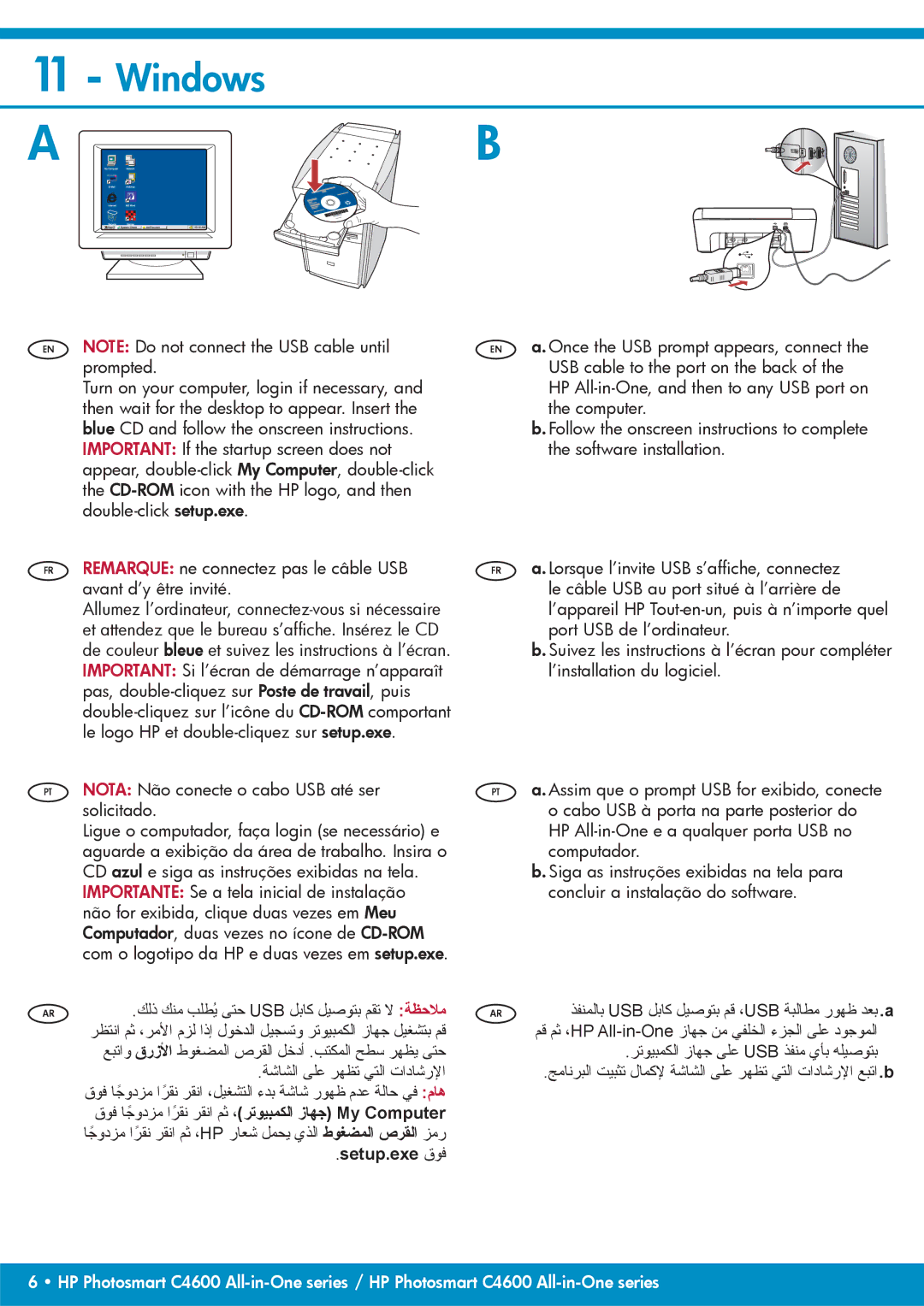 HP C4650, C4640, C4680 manual EN Note Do not connect the USB cable until prompted, Setup.exe ﻕﻮﻓ 