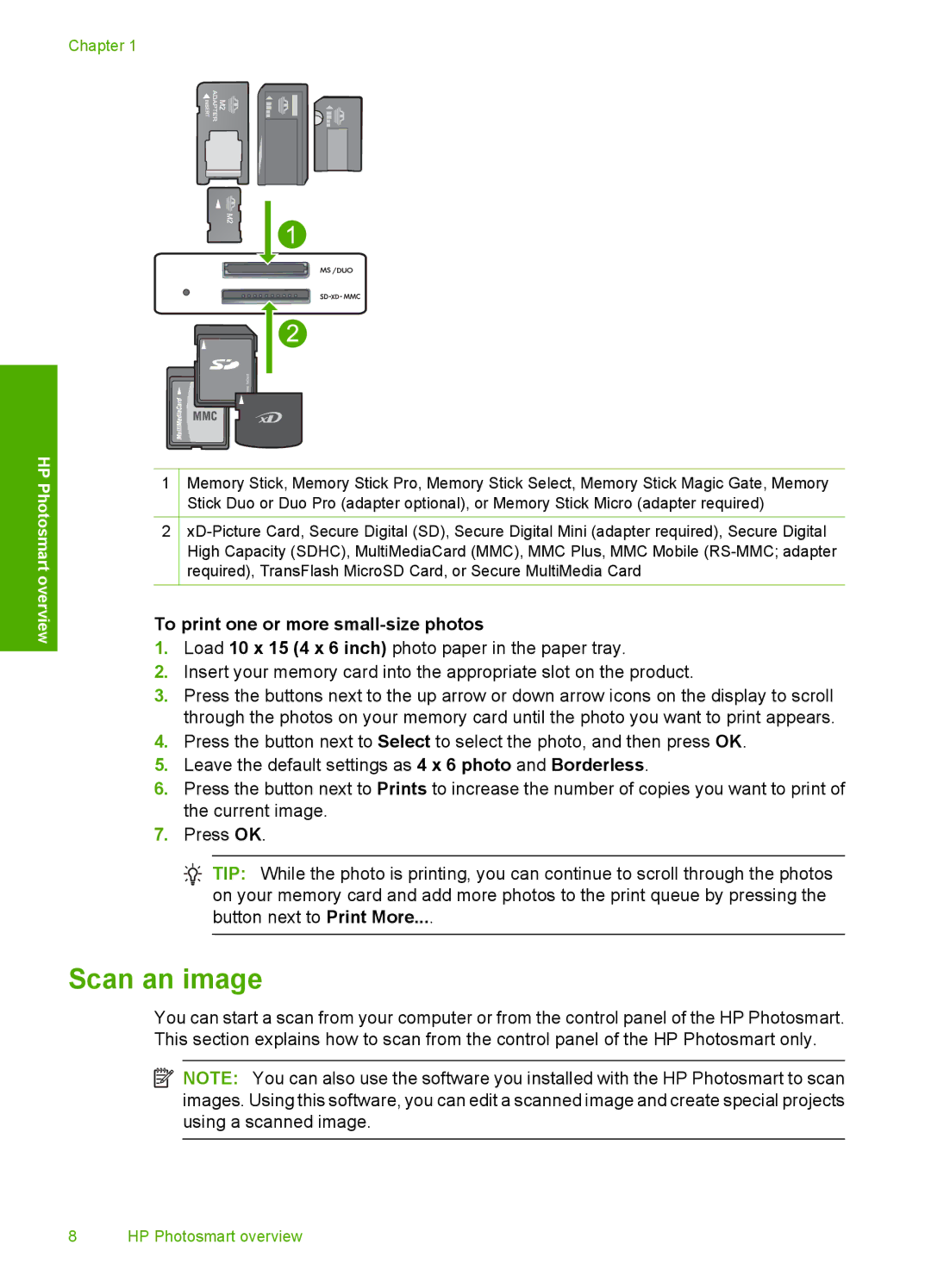 HP C4640, C4650, C4680 manual Scan an image, To print one or more small-size photos 