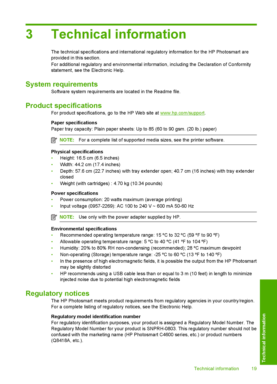 HP C4650, C4640, C4680 manual Technical information, System requirements, Product specifications, Regulatory notices 