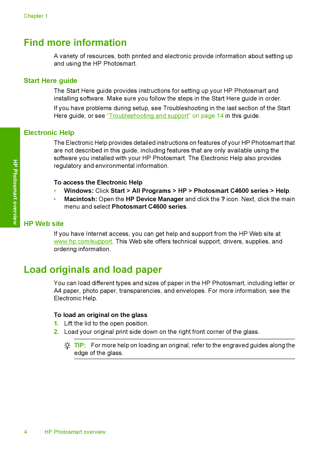 HP C4650, C4640, C4680 manual Find more information, Load originals and load paper, To load an original on the glass 