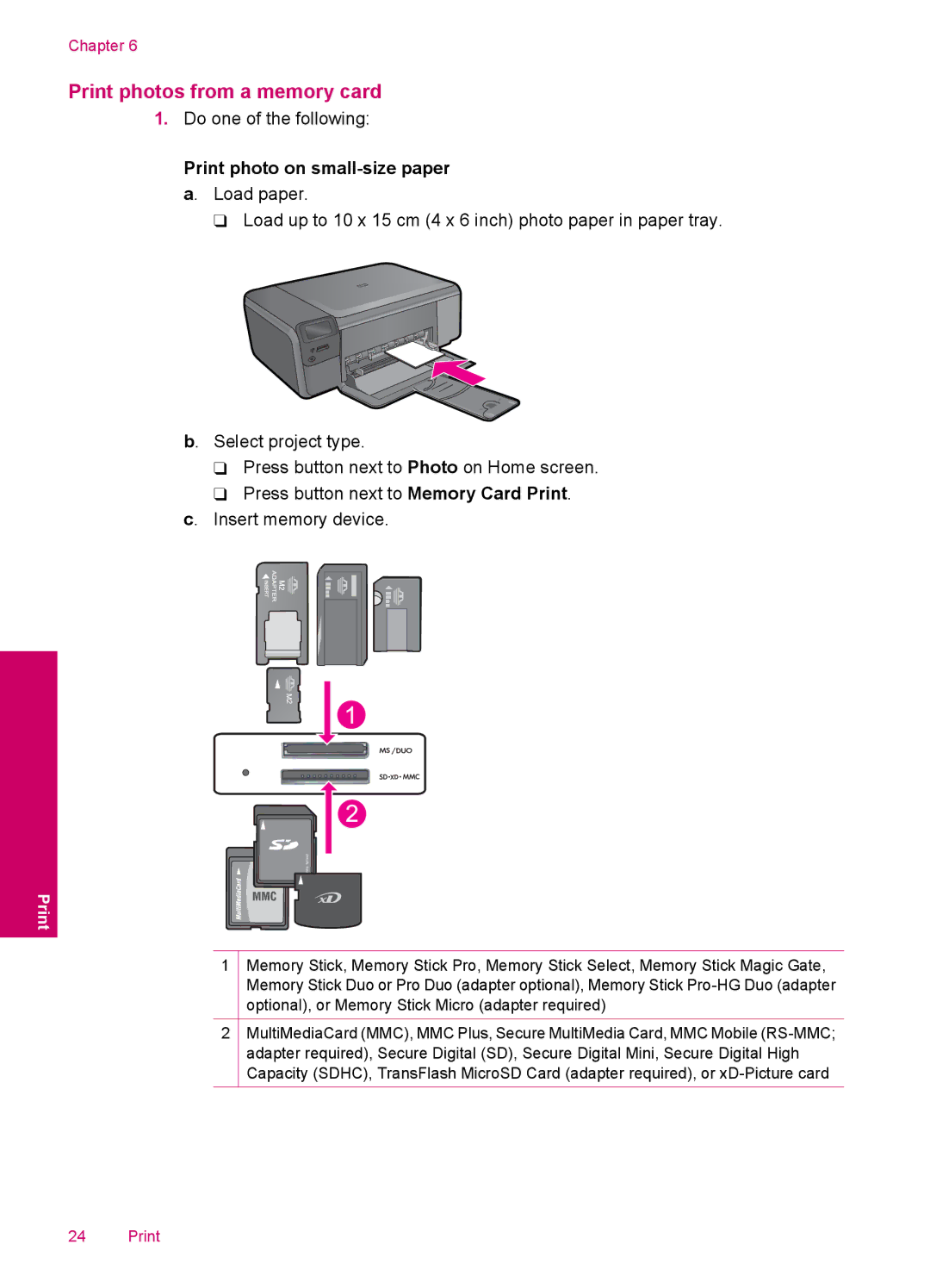 HP C4780, C4750, C4795, C4740 manual Print photos from a memory card, Print photo on small-size paper a. Load paper 