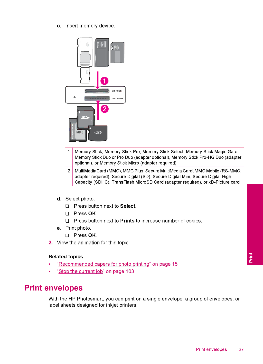 HP C4795, C4750, C4780, C4740 manual Print envelopes, Related topics 