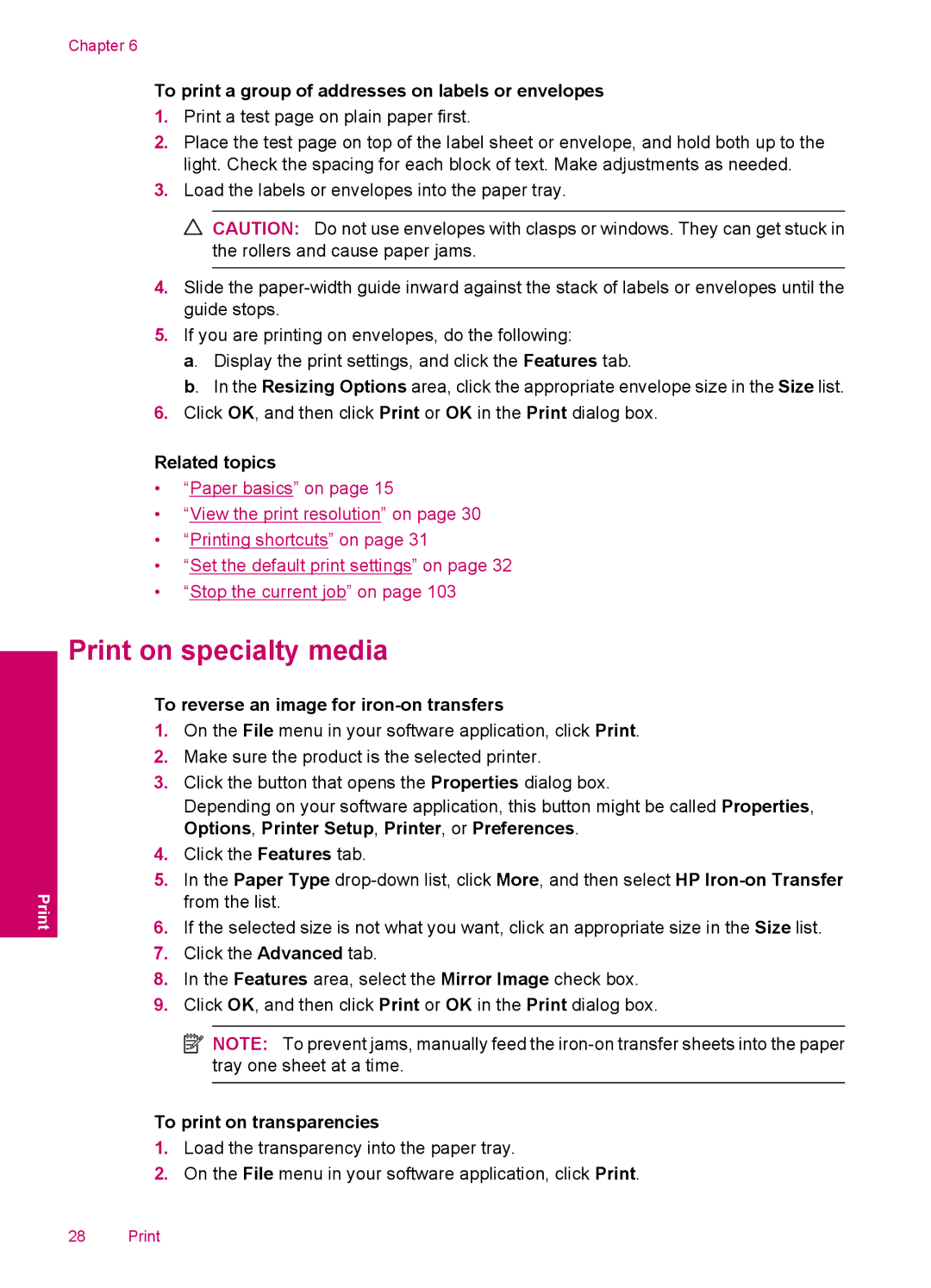 HP C4780, C4750 Print on specialty media, To print a group of addresses on labels or envelopes, To print on transparencies 