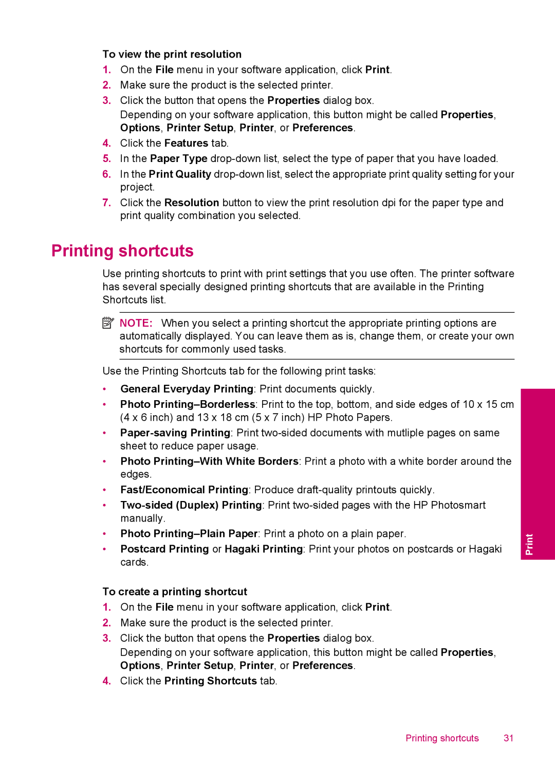 HP C4795 Printing shortcuts, To view the print resolution, To create a printing shortcut, Click the Printing Shortcuts tab 