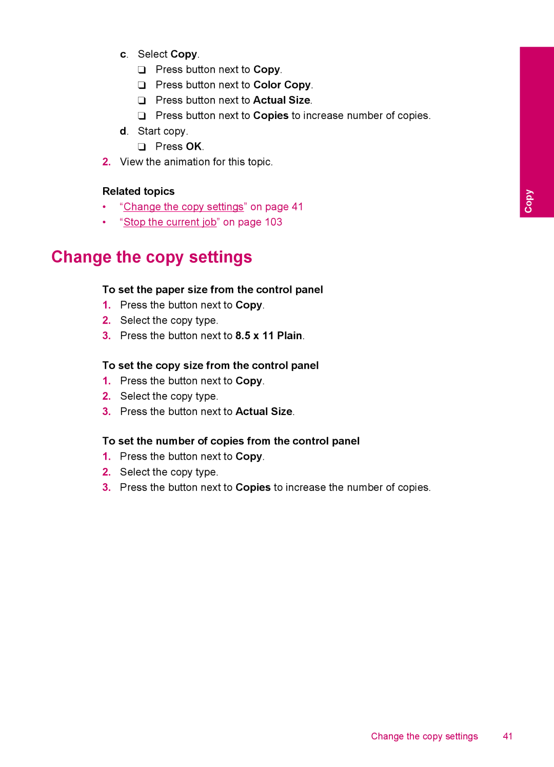 HP C4740, C4750, C4795, C4780 manual Change the copy settings, To set the paper size from the control panel 