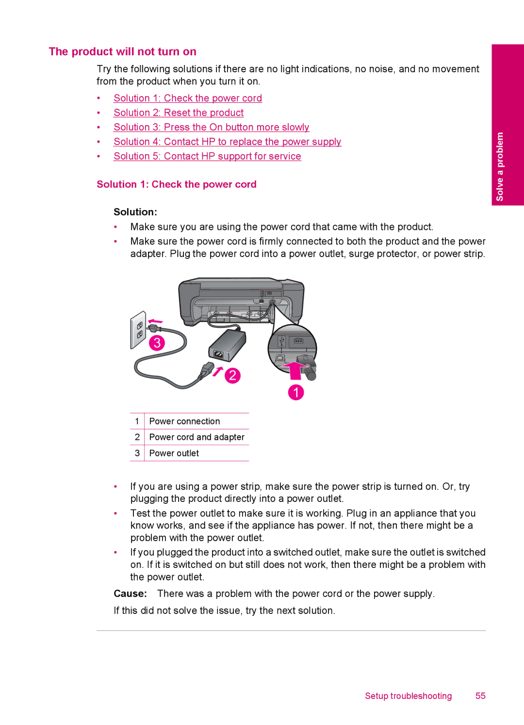 HP C4795, C4750, C4780, C4740 manual Product will not turn on, Solution 1 Check the power cord 