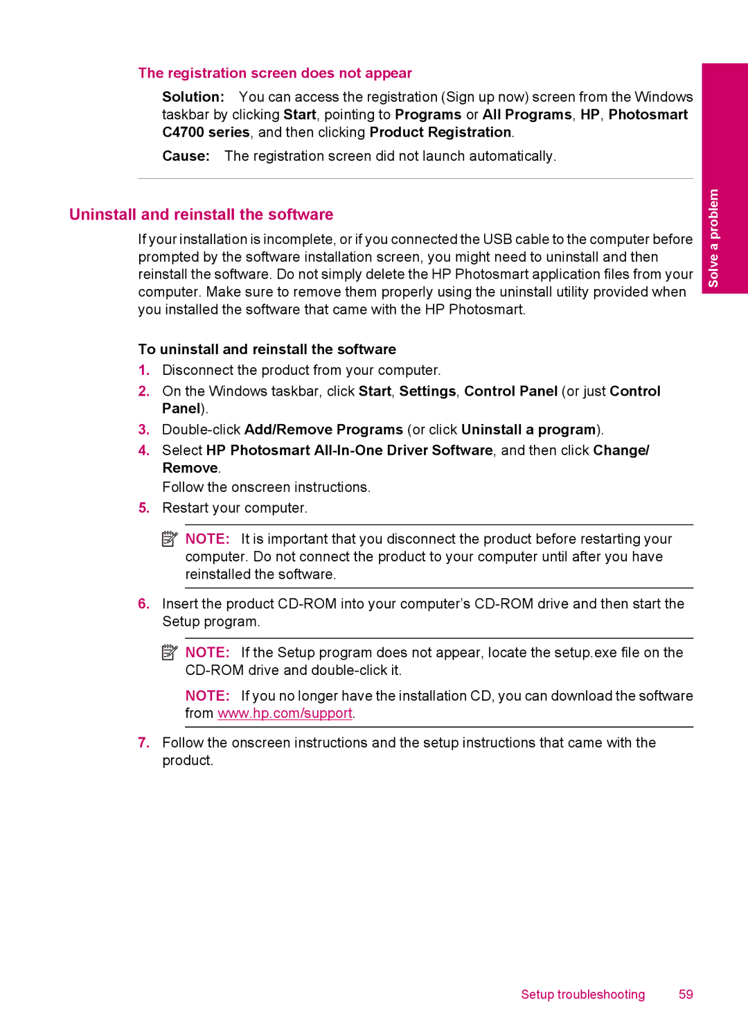 HP C4795, C4750, C4780, C4740 manual Uninstall and reinstall the software, Registration screen does not appear 