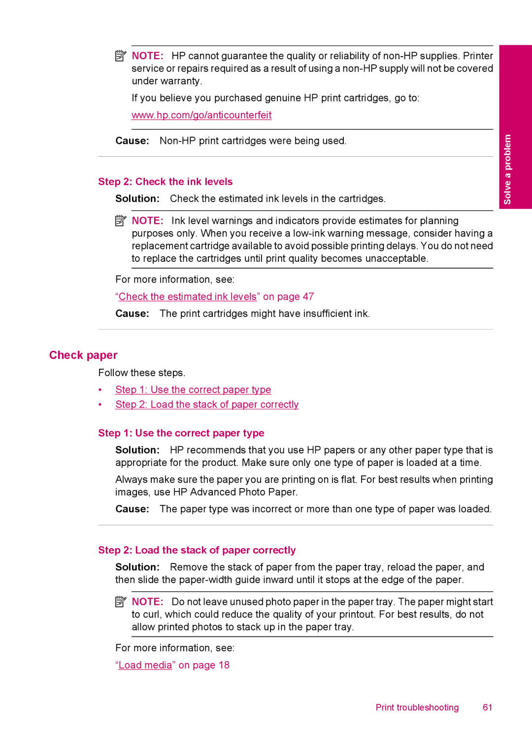 HP C4740, C4750, C4795 Check paper, Check the ink levels, Use the correct paper type, Load the stack of paper correctly 