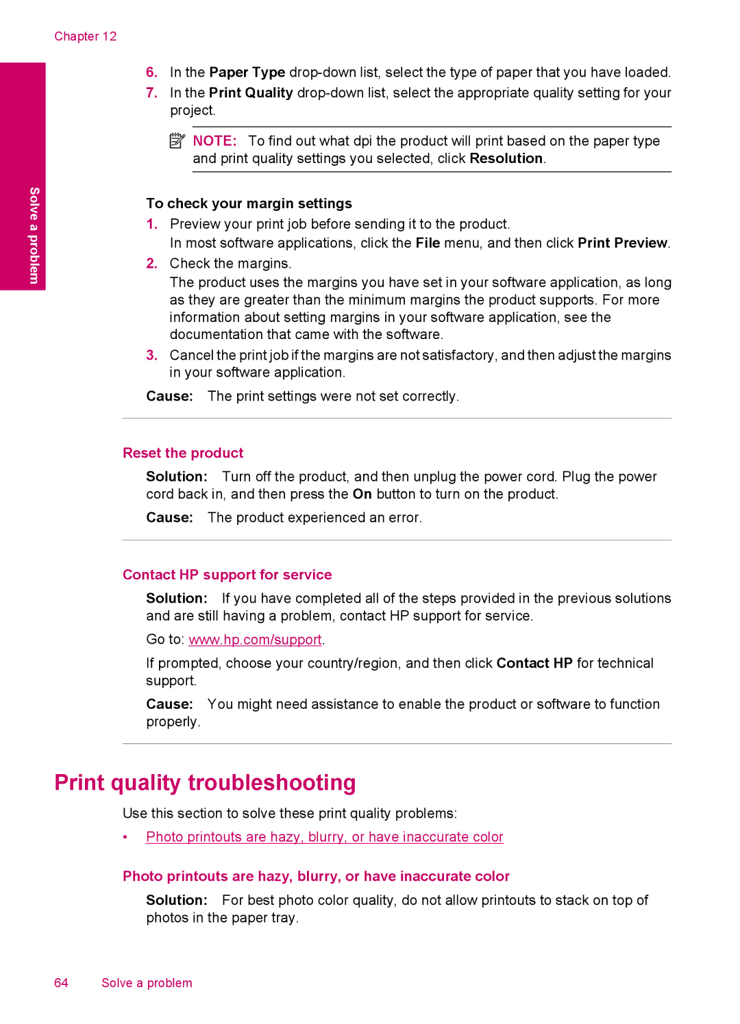 HP C4780 Print quality troubleshooting, To check your margin settings, Reset the product, Contact HP support for service 