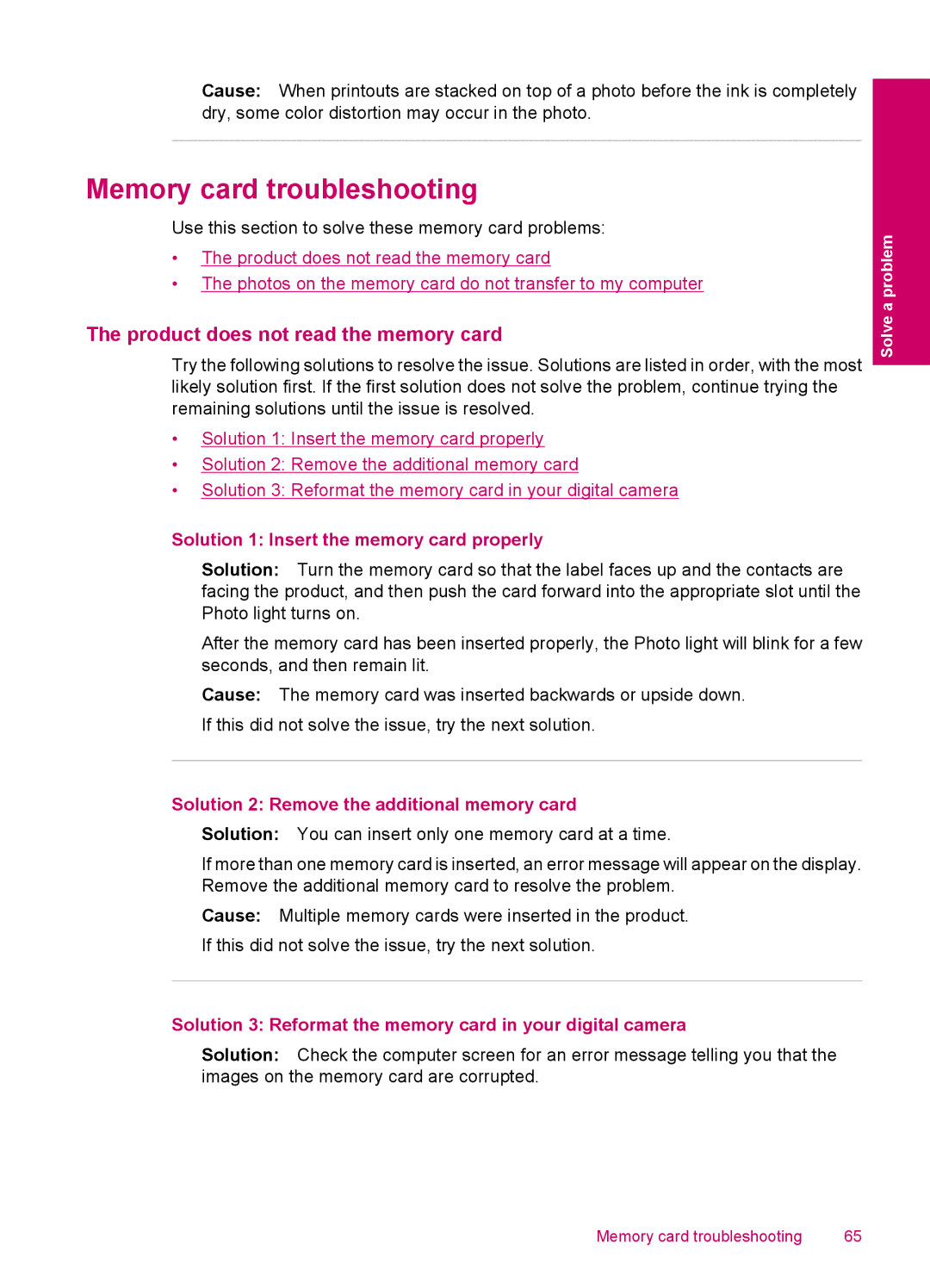 HP C4740 Memory card troubleshooting, Product does not read the memory card, Solution 1 Insert the memory card properly 