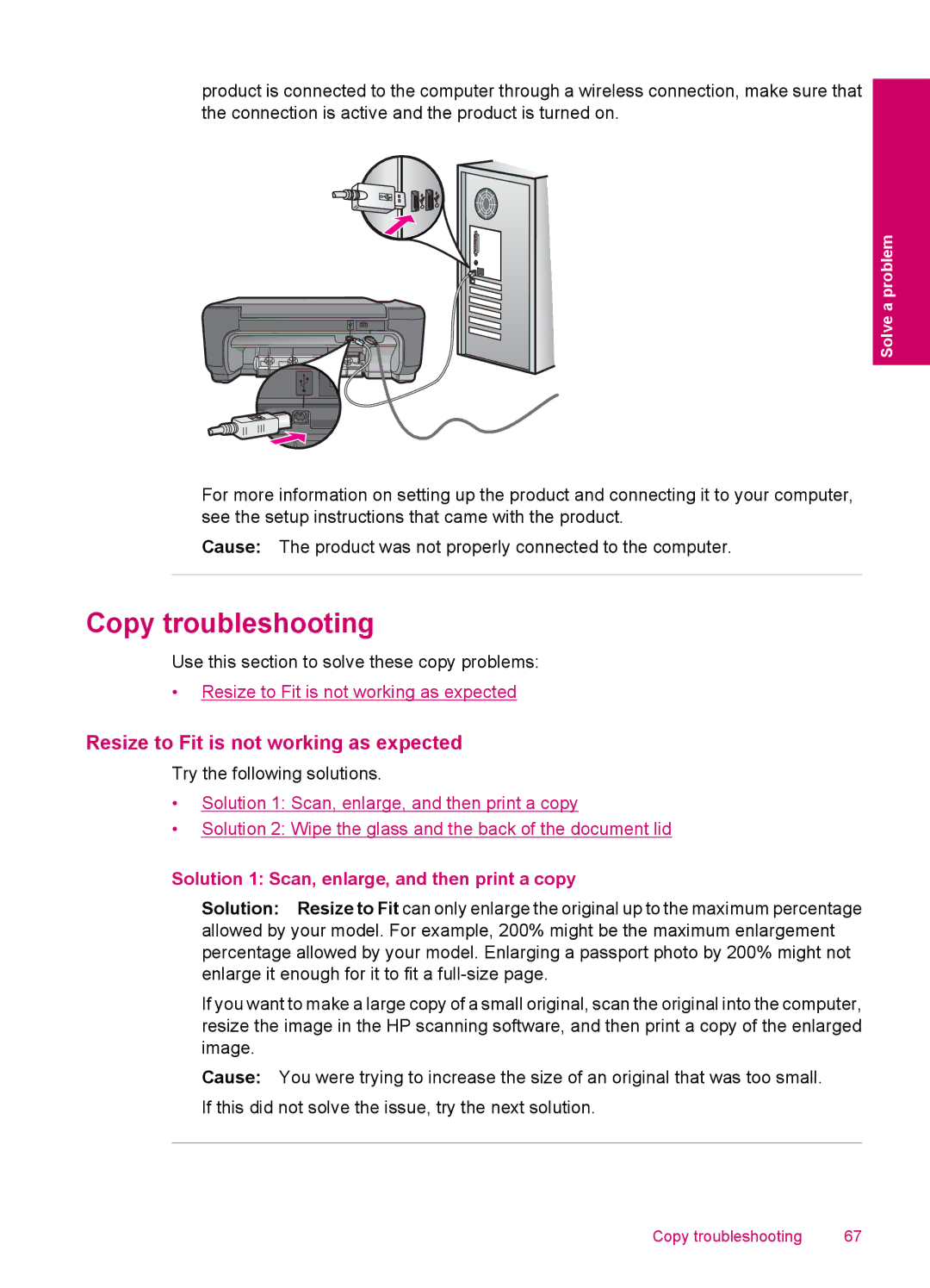 HP C4795 Copy troubleshooting, Resize to Fit is not working as expected, Solution 1 Scan, enlarge, and then print a copy 