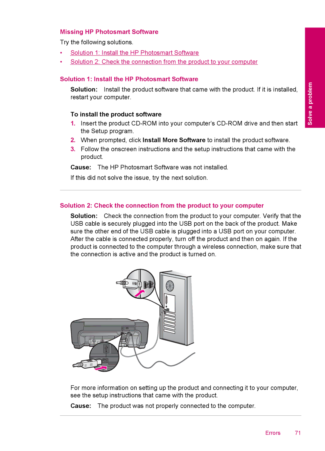 HP C4795, C4750, C4780, C4740 manual Missing HP Photosmart Software, Solution 1 Install the HP Photosmart Software 