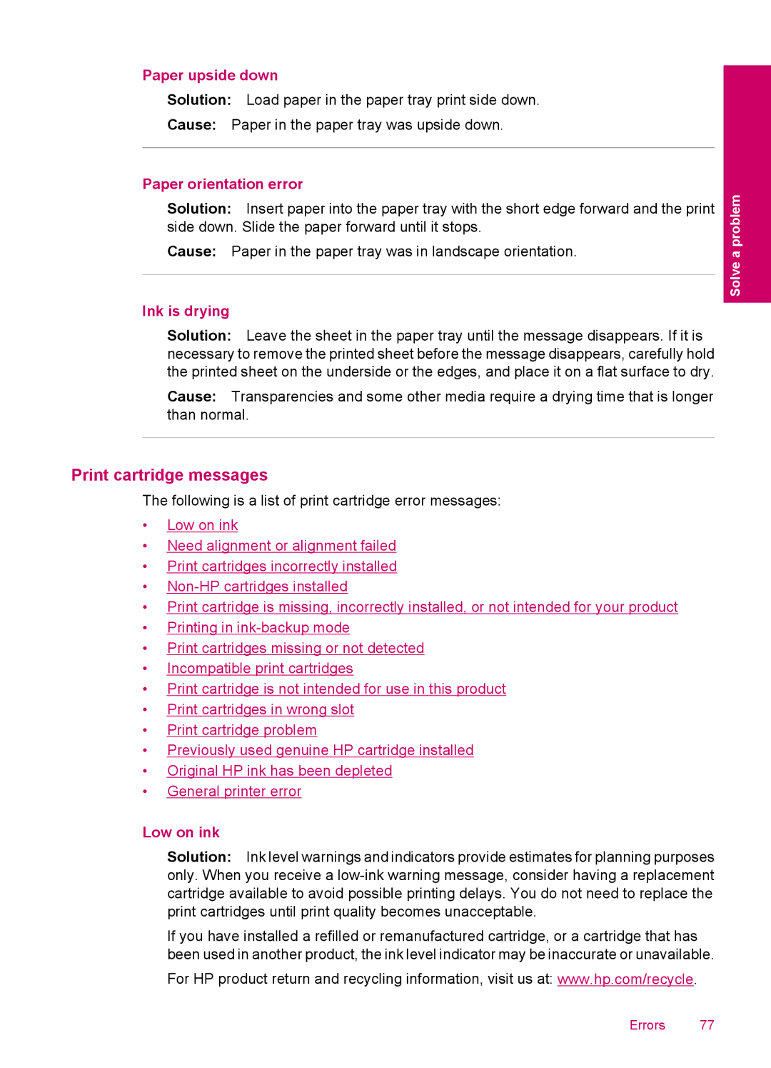 HP C4740, C4750, C4795 manual Print cartridge messages, Paper upside down, Paper orientation error, Ink is drying, Low on ink 