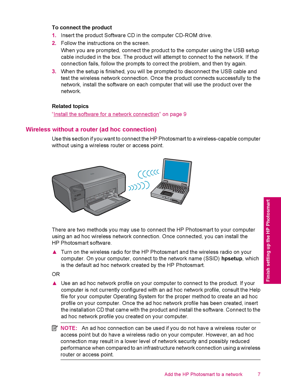 HP C4795, C4750, C4780, C4740 manual Wireless without a router ad hoc connection, To connect the product 