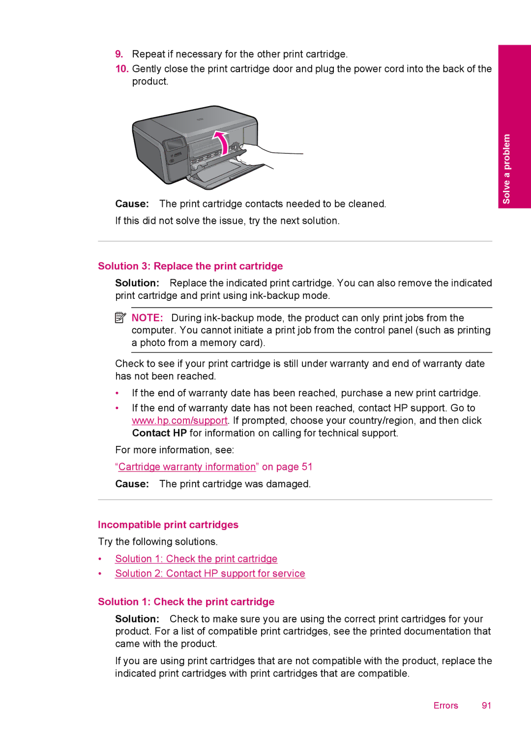 HP C4795 manual Solution 3 Replace the print cartridge, Incompatible print cartridges, Solution 1 Check the print cartridge 