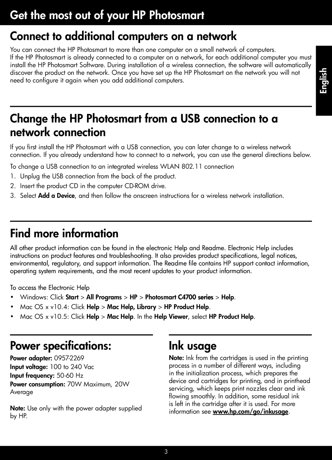 HP C4740, C4750, C4795 Connect to additional computers on a network, Find more information, Power specifications, Ink usage 