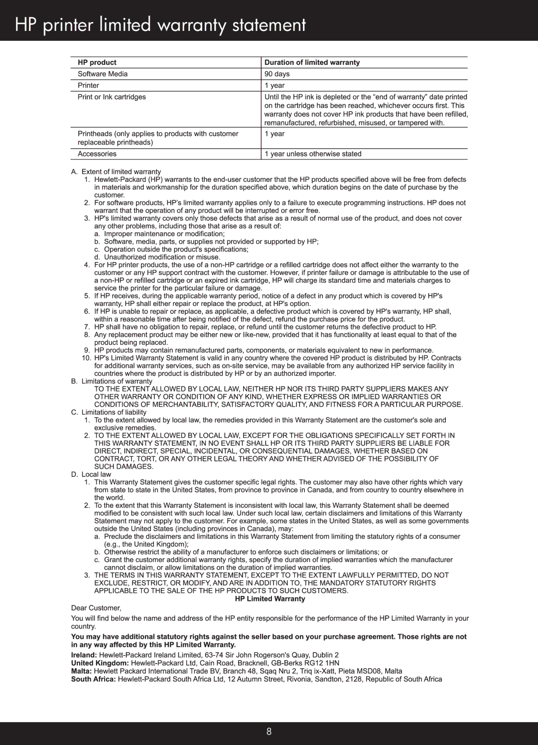 HP C4750, C4795, C4780, C4740 manual HP printer limited warranty statement 