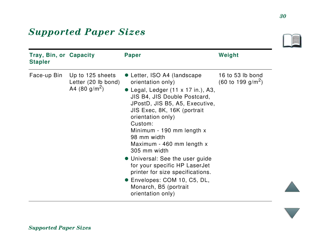 HP C4788x, C4779x manual Supported Paper Sizes, Tray, Bin, or Capacity Paper Weight Stapler 