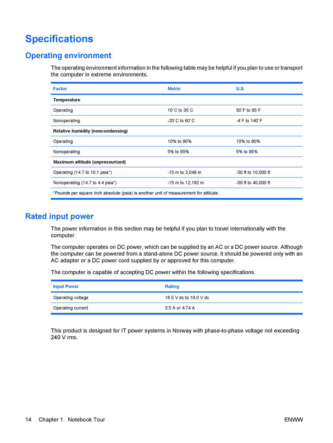 HP C551NR, c500, C500T, C506CA, C507US, C504US, C508US, C540EA, C509NR Specifications, Operating environment, Rated input power 