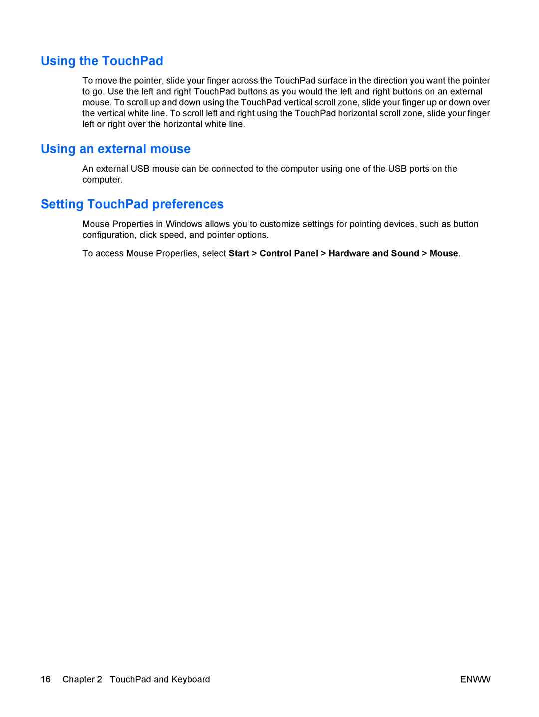 HP C550XX, c500, C500T, C506CA, C507US, C504US manual Using the TouchPad, Using an external mouse, Setting TouchPad preferences 