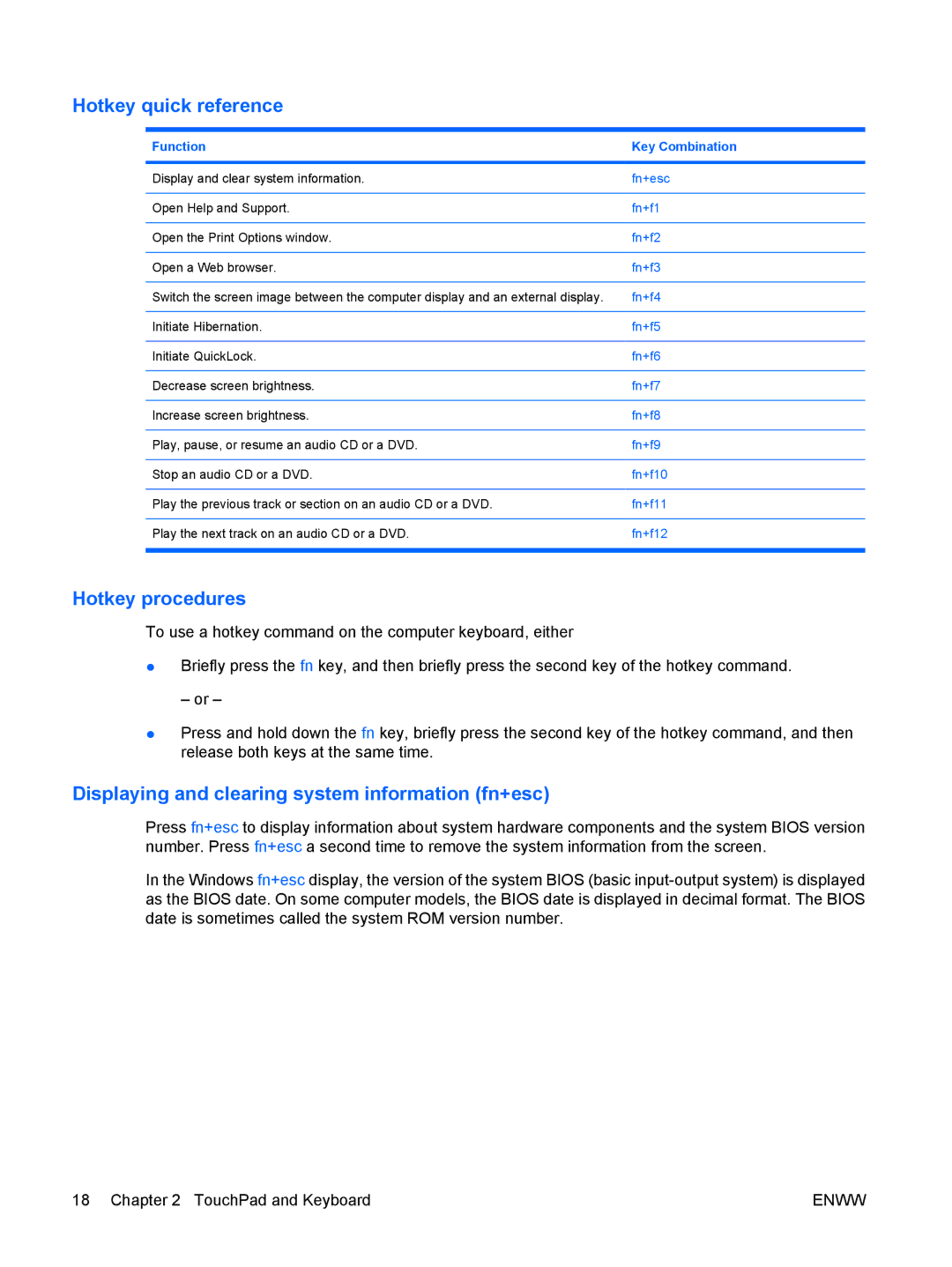 HP C581TU, c500, C500T, C506CA Hotkey quick reference, Hotkey procedures, Displaying and clearing system information fn+esc 