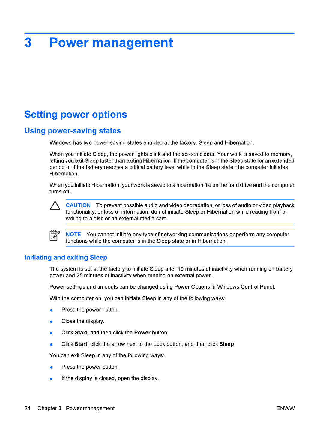 HP C557CL, c500, C500T Power management, Setting power options, Using power-saving states, Initiating and exiting Sleep 