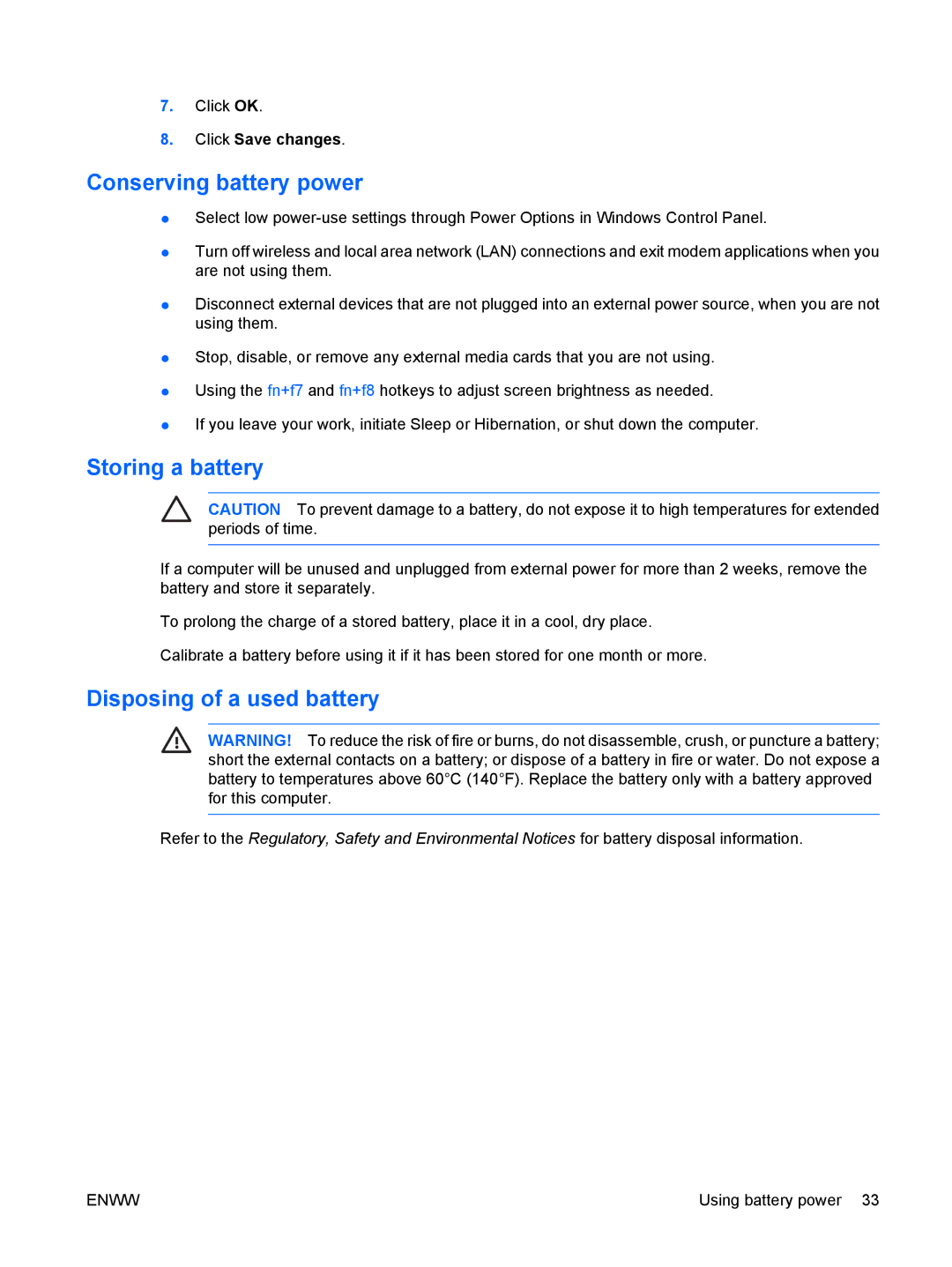 HP c500, C500T, C506CA, C507US, C504US, C508US, C540EA Conserving battery power, Storing a battery, Disposing of a used battery 