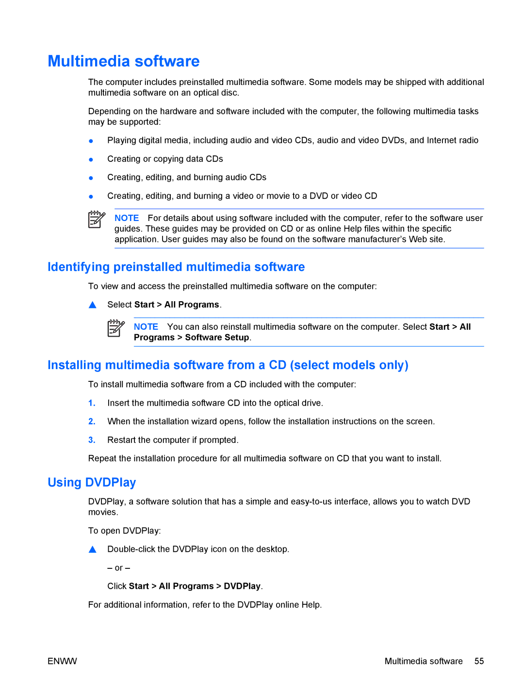 HP C550XX, c500, C500T, C506CA, C507US manual Multimedia software, Identifying preinstalled multimedia software, Using DVDPlay 