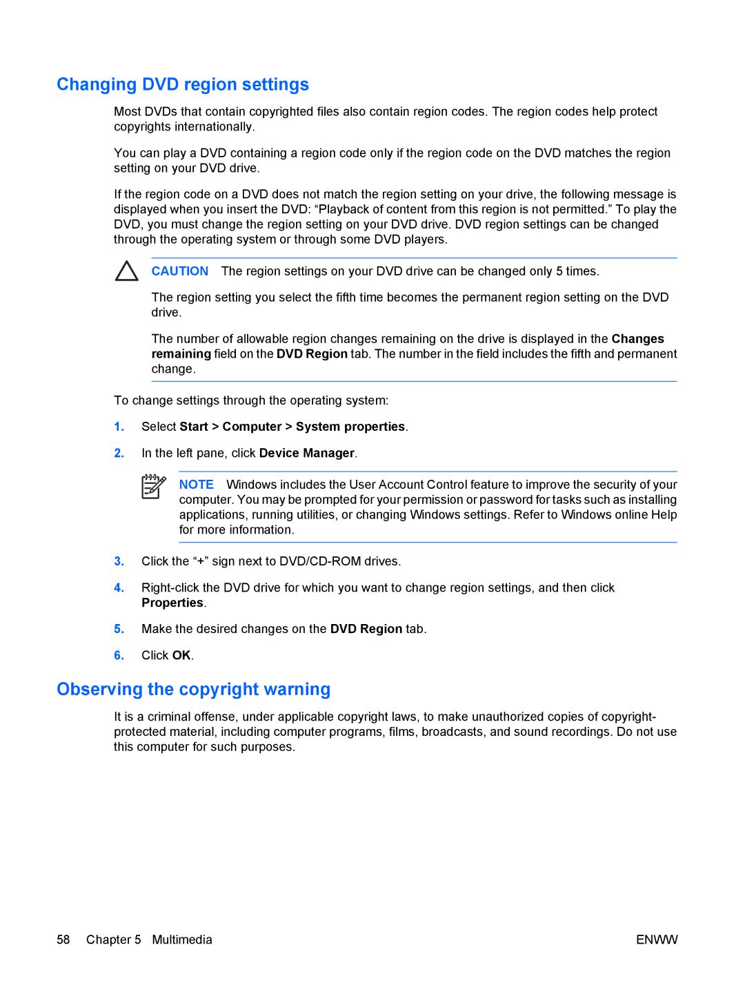 HP C571NR, c500, C500T, C506CA, C507US, C504US, C508US, C540EA Changing DVD region settings, Observing the copyright warning 