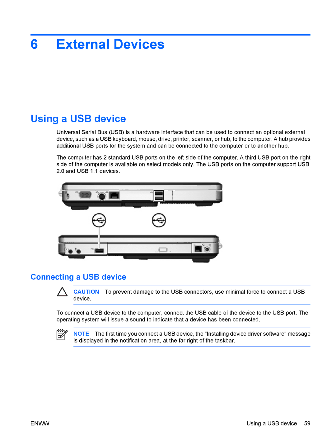 HP C568LA, c500, C500T, C506CA, C507US, C504US, C508US, C540EA External Devices, Using a USB device, Connecting a USB device 