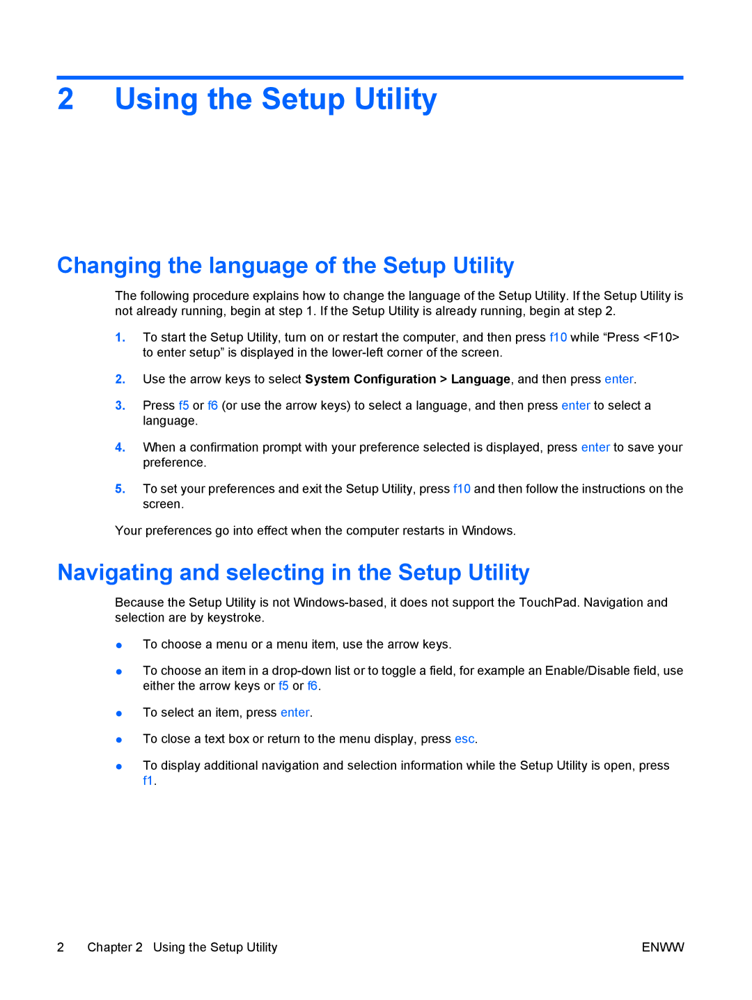 HP V6616AU, c500, V6618AU, V6620US, V6616TU, V6617AU, V6400 Using the Setup Utility, Changing the language of the Setup Utility 