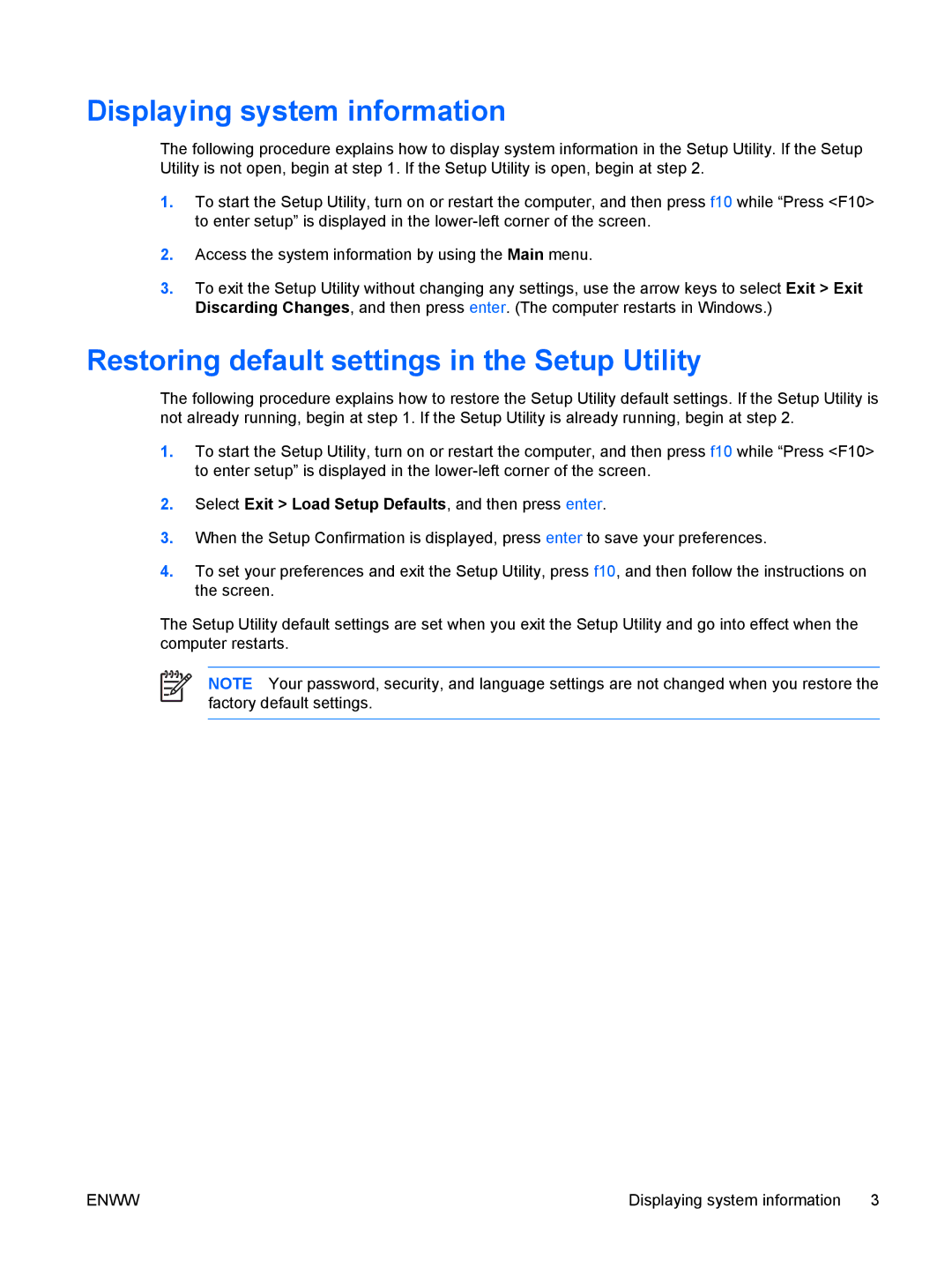 HP V6613TU, c500, V6618AU, V6620US, V6616TU Displaying system information, Restoring default settings in the Setup Utility 