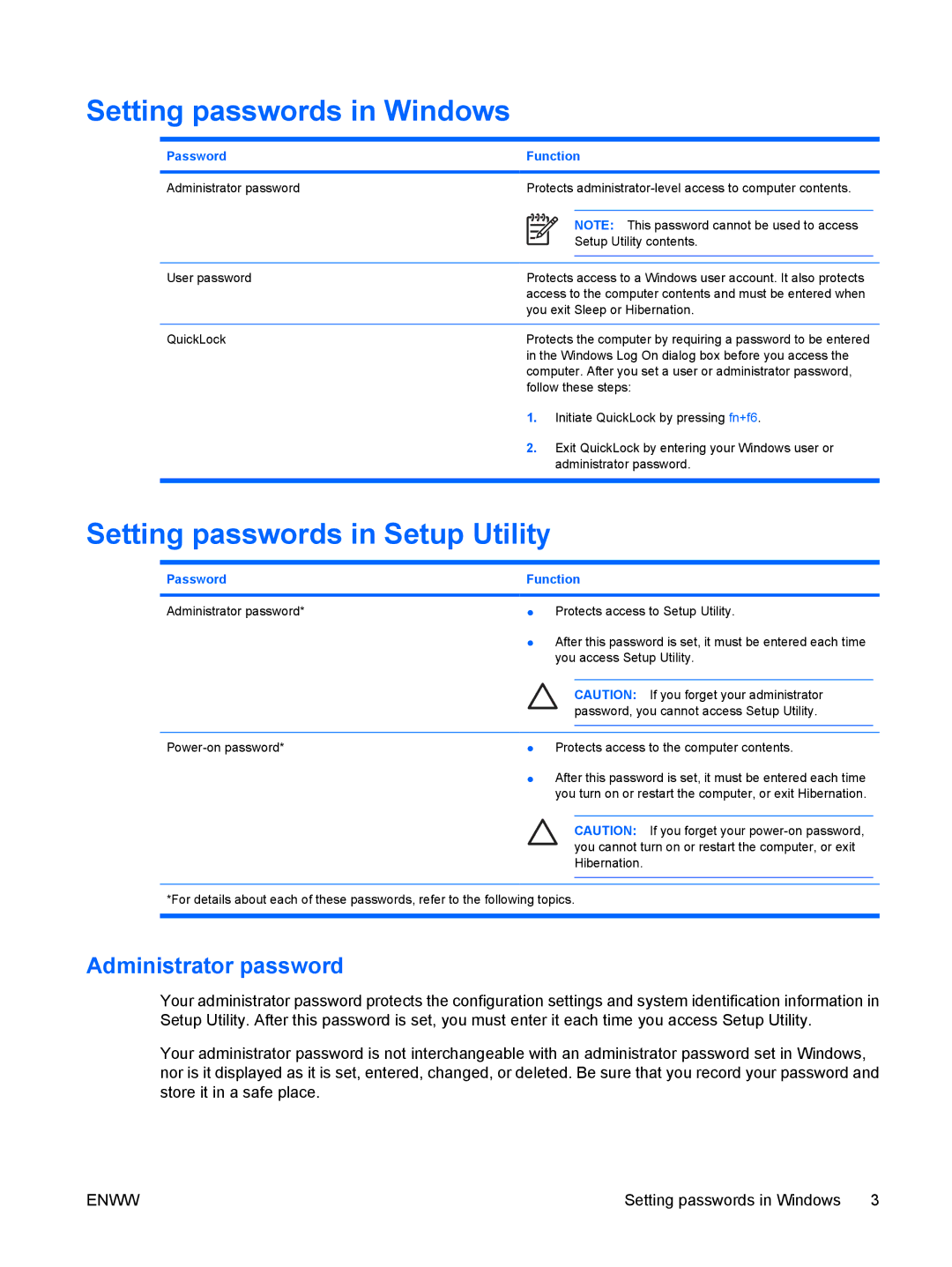 HP V6611AU, c500, V6620US, V6617AU, V6614TU, V6616AU, V6613TU Setting passwords in Windows, Setting passwords in Setup Utility 