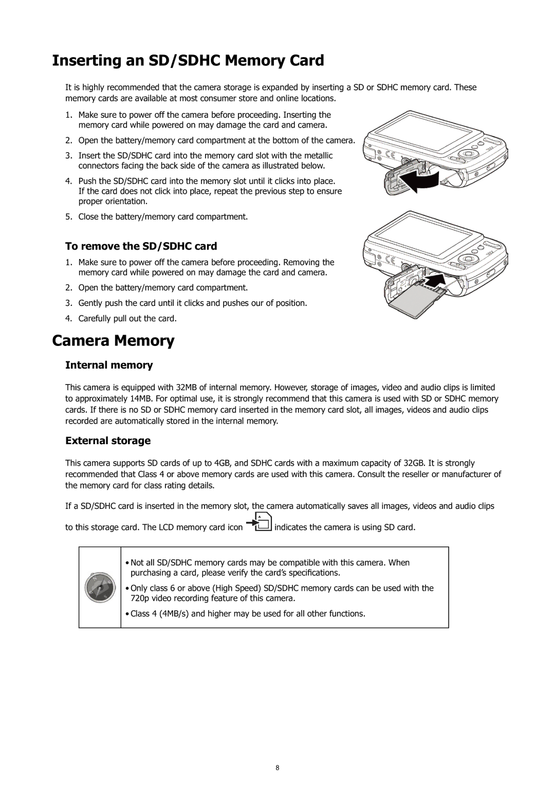 HP c500 Inserting an SD/SDHC Memory Card, Camera Memory, To remove the SD/SDHC card, Internal memory, External storage 