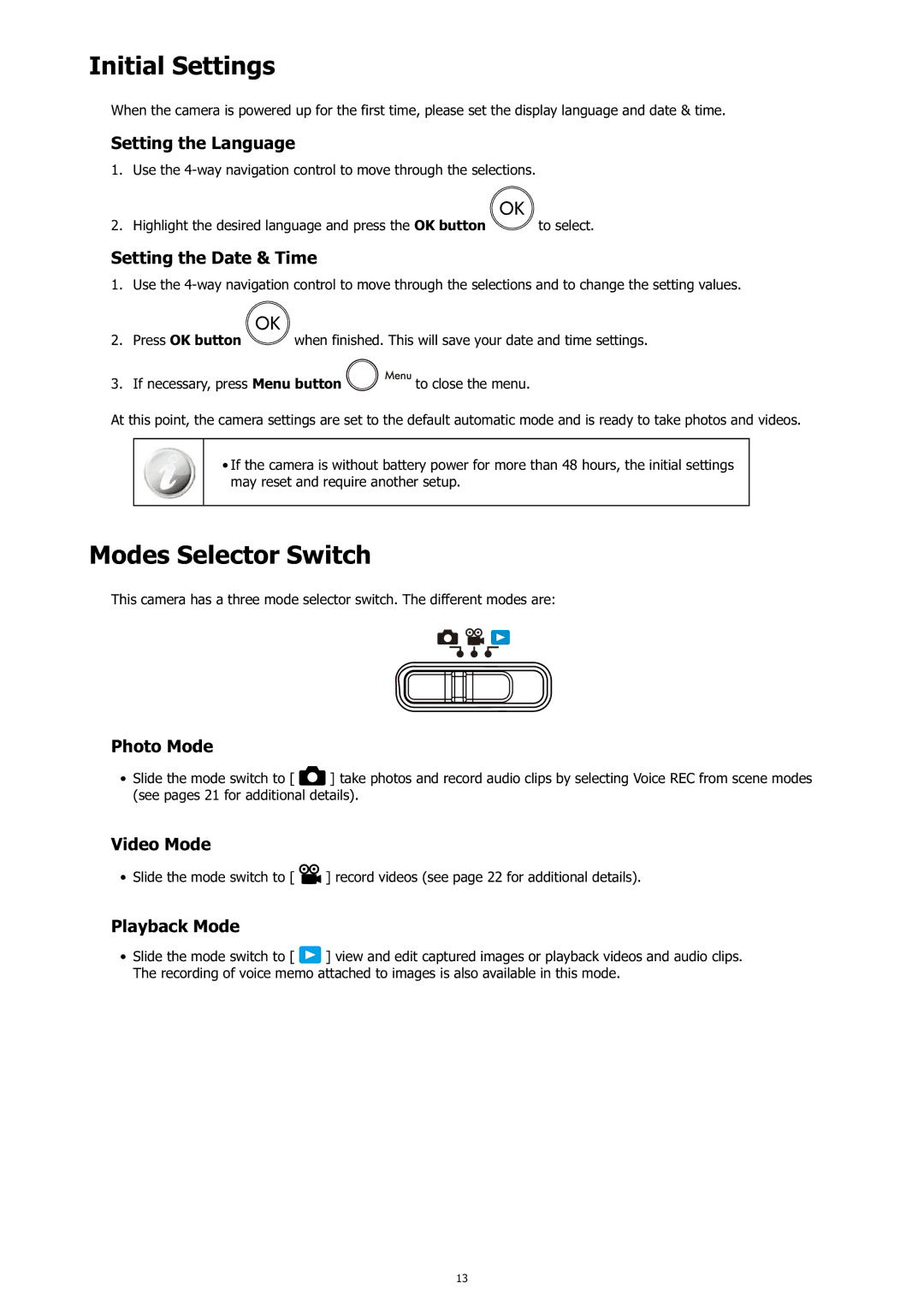 HP c500 manual Initial Settings, Modes Selector Switch 