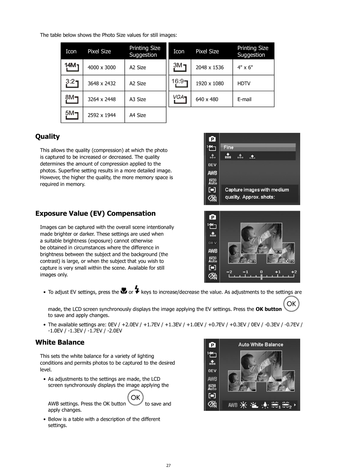 HP c500 manual Quality, Exposure Value EV Compensation, White Balance 