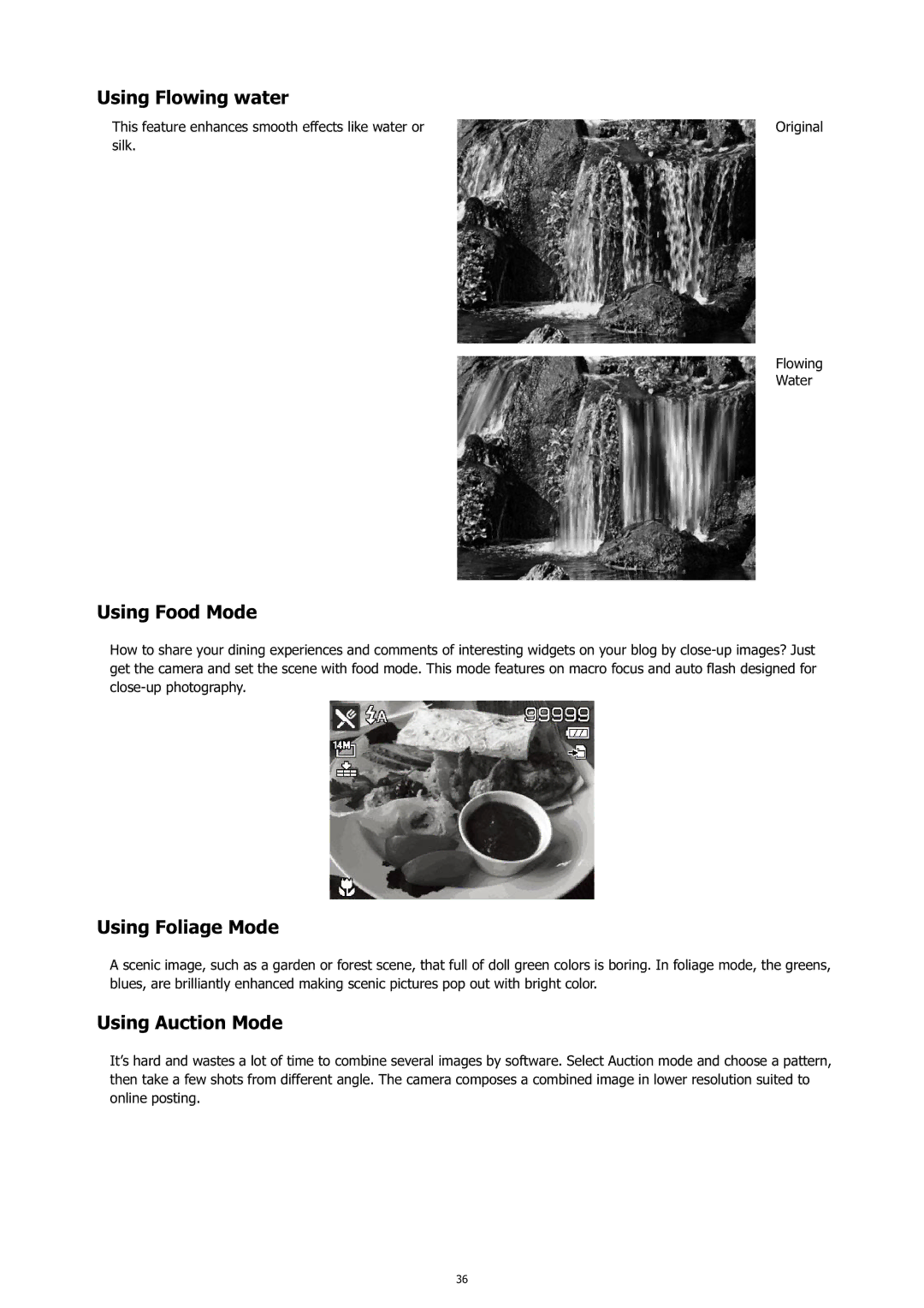 HP c500 manual Using Flowing water, Using Food Mode, Using Foliage Mode, Using Auction Mode 