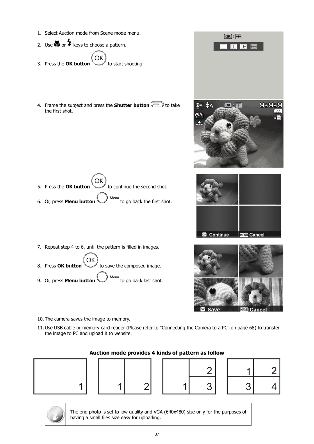 HP c500 manual Auction mode provides 4 kinds of pattern as follow, Or, press Menu button 