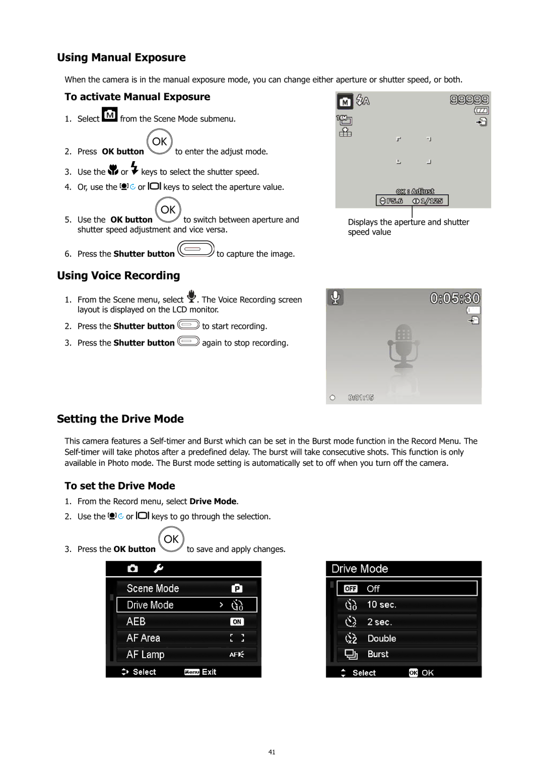 HP c500 manual Using Manual Exposure, Using Voice Recording, Setting the Drive Mode, To activate Manual Exposure 