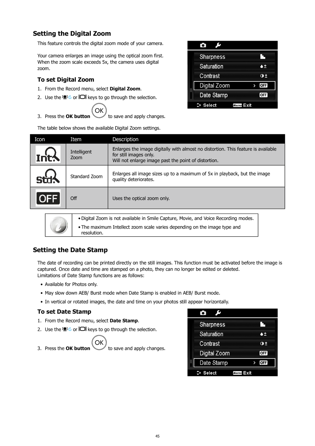 HP c500 manual Setting the Digital Zoom, Setting the Date Stamp, To set Digital Zoom, To set Date Stamp 