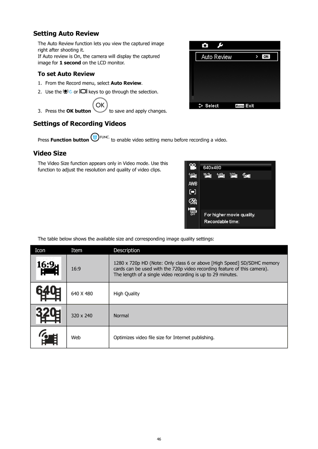 HP c500 manual Setting Auto Review, Settings of Recording Videos, Video Size, To set Auto Review, Press Function button 