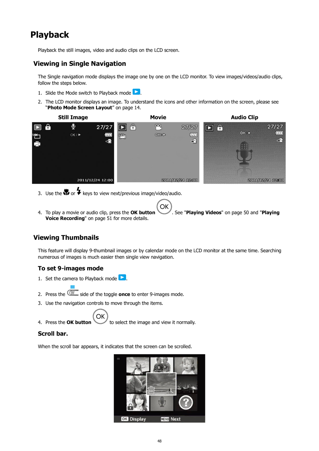 HP c500 manual Playback, Viewing in Single Navigation, Viewing Thumbnails, To set 9-images mode, Scroll bar 