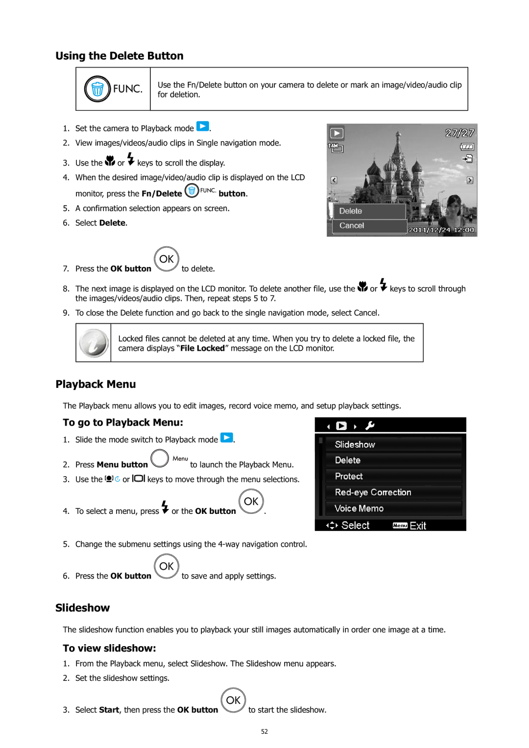 HP c500 manual Using the Delete Button, Slideshow, To go to Playback Menu, To view slideshow 