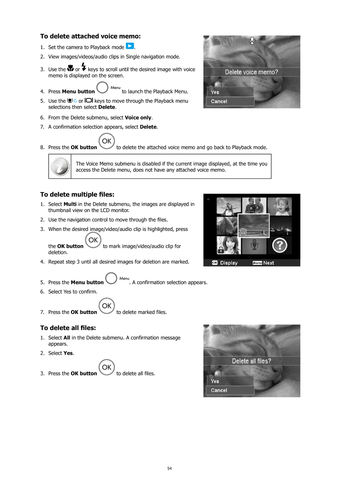 HP c500 manual To delete attached voice memo, To delete multiple ﬁles, To delete all ﬁles, Press the Menu button 