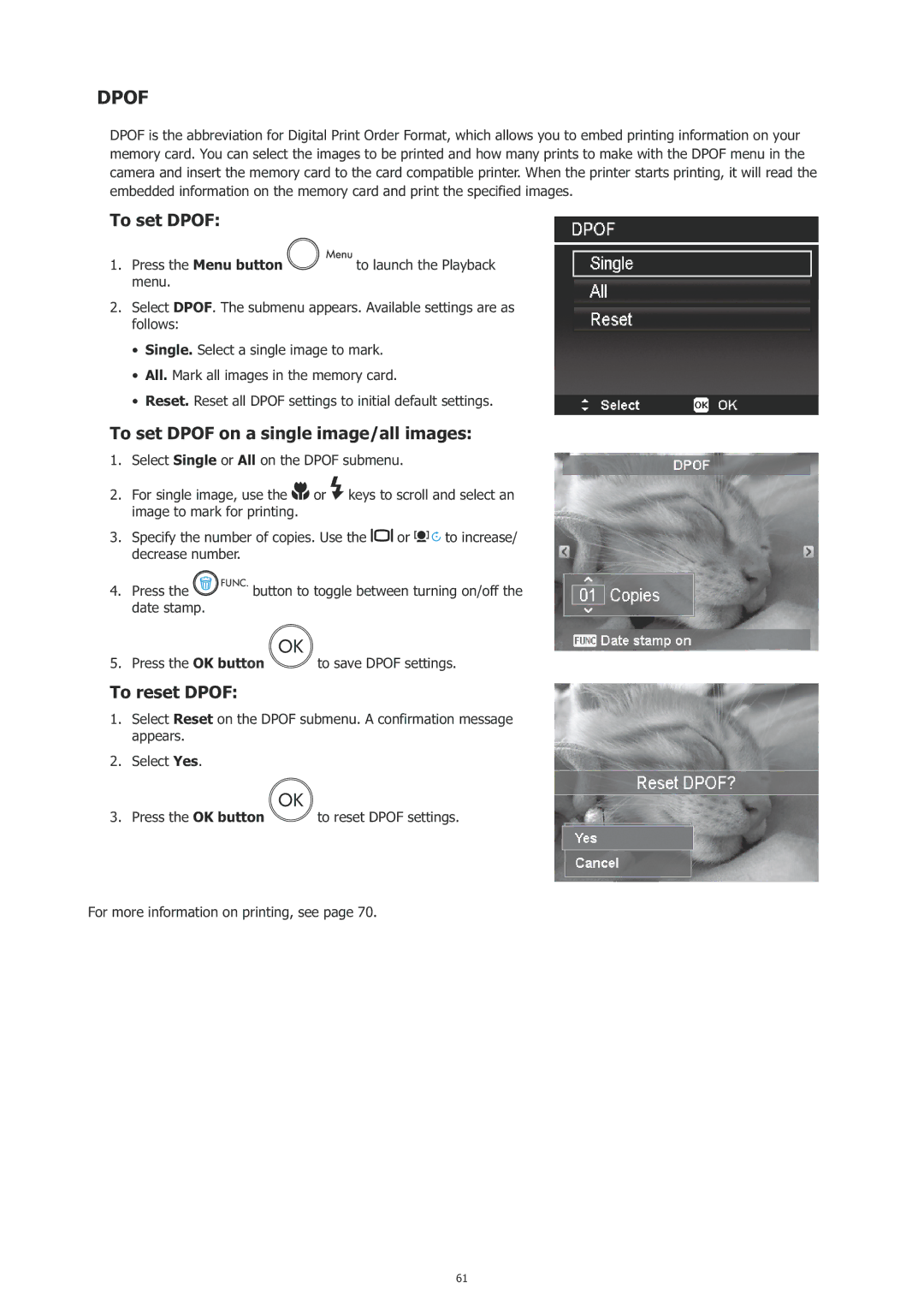 HP c500 manual To set Dpof on a single image/all images, To reset Dpof 