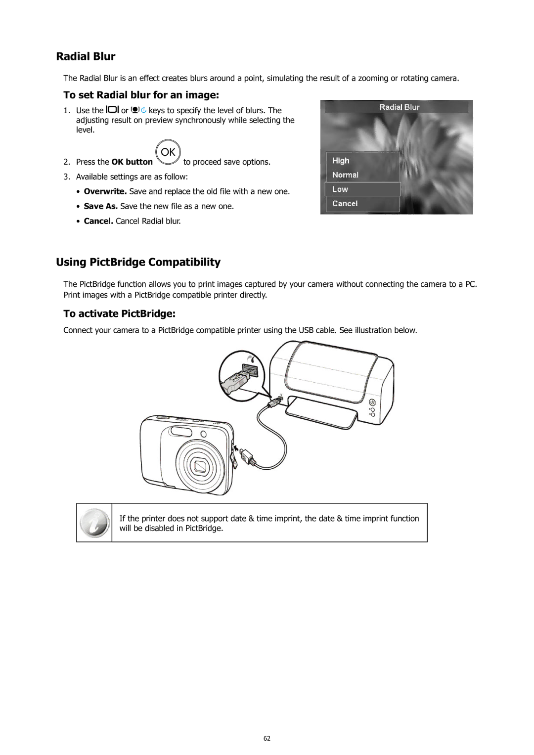 HP c500 manual Radial Blur, Using PictBridge Compatibility, To set Radial blur for an image, To activate PictBridge 